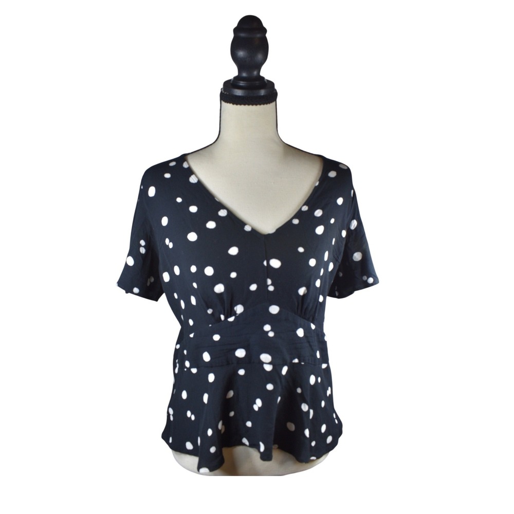 LOFT Black Polka Dot V-Neck Peplum Blouse Short Sleeve Top Size 6 598629
